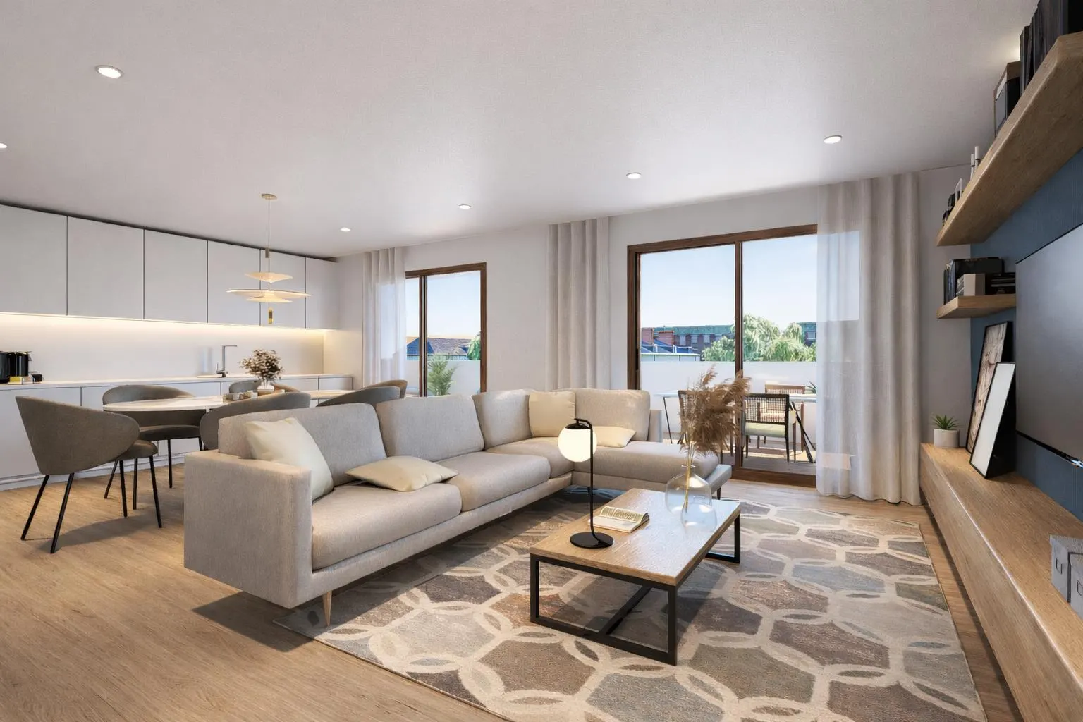 Render des hellen Wohnzimmers einer Neubauwohnung in der Calle Perú 29, Carballo